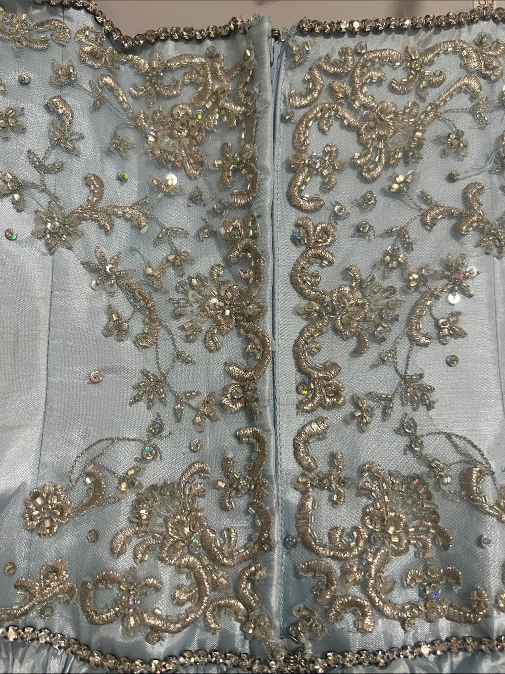 Tony Bowls Light Blue Tiered Ruffle Formal Dress with Gold Embellishment
